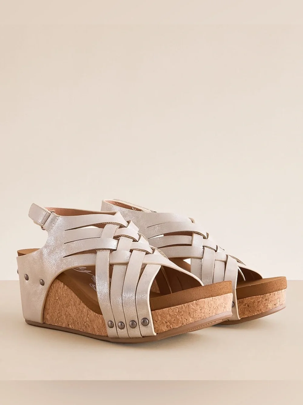 Buckle Very G Women’s 7 Woven Braided Metallic Cork Wedge Sandals Lunar